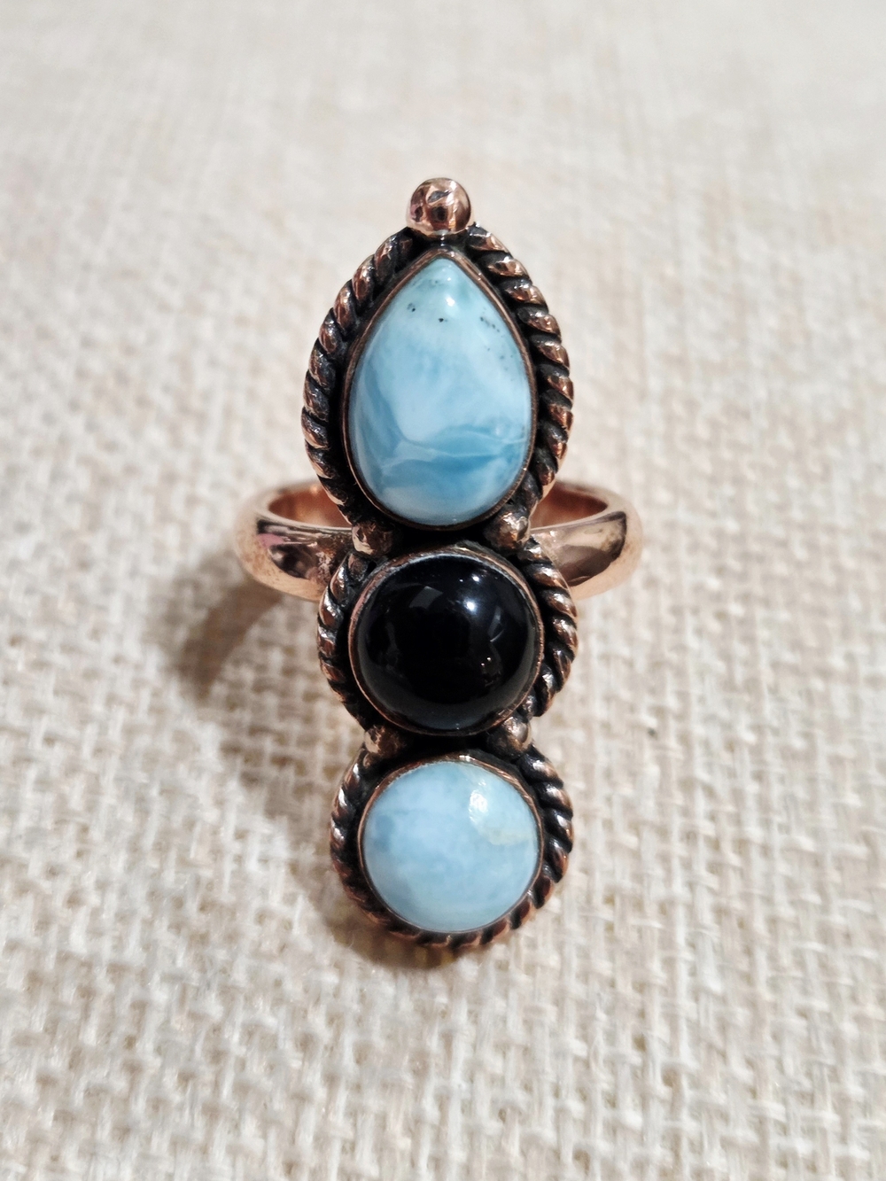 Three-Stone Larimar & Black Onyx Ring - Women Jewelry
